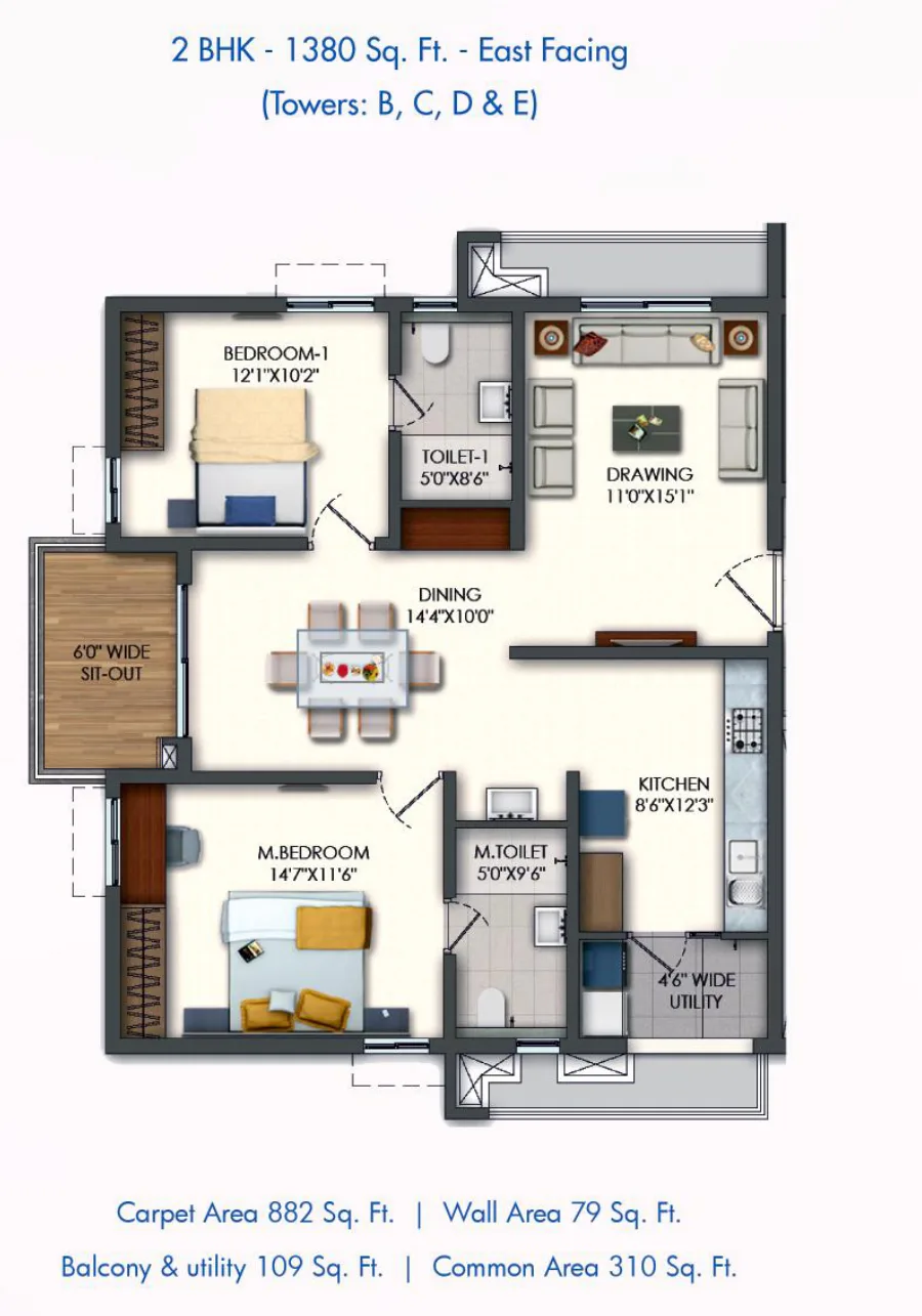 Rajapushpa Pristinia — 2 BHK — 1,380 sq.ft — East facing — floor plan