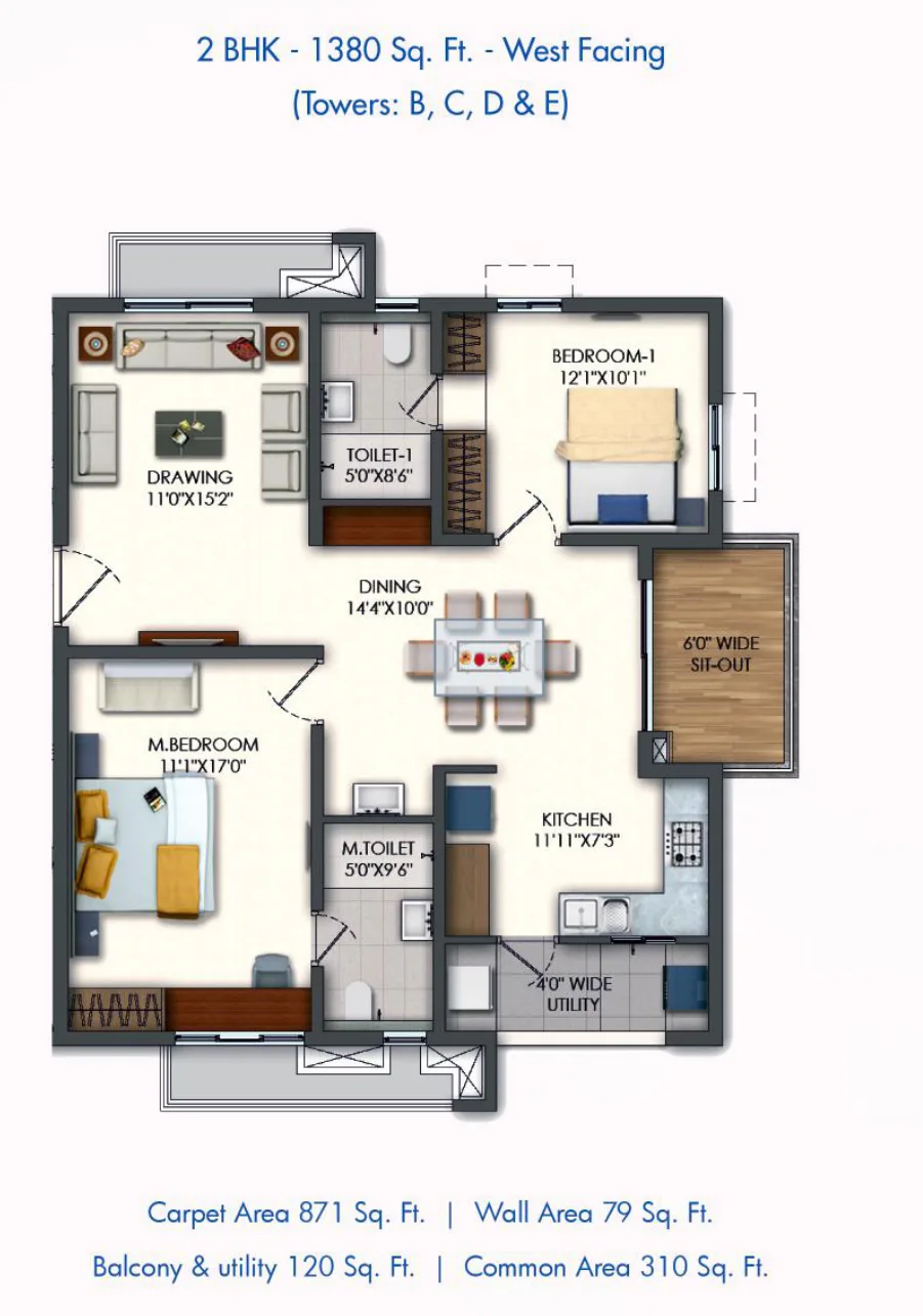 Rajapushpa Pristinia — 2 BHK — 1,380 sq.ft — West facing — floor plan