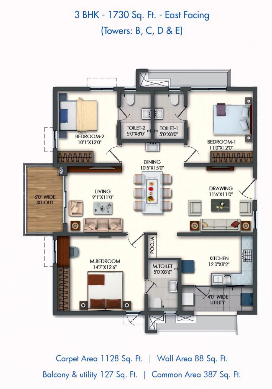 Rajapushpa Pristinia — 3 BHK — 1,730 sq.ft — East facing — floor plan