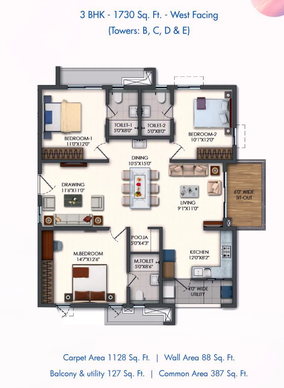 Rajapushpa Pristinia — 3 BHK — 1,730 sq.ft — West facing — floor plan