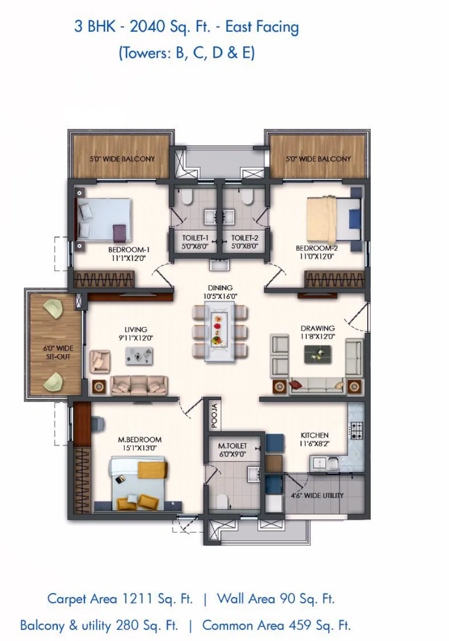 Rajapushpa Pristinia — 3 BHK — 2,040 sq.ft — East facing — floor plan