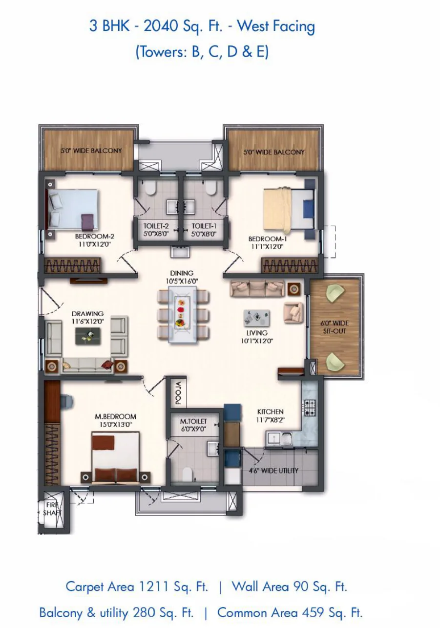 Rajapushpa Pristinia — 3 BHK — 2,040 sq.ft — West facing — floor plan