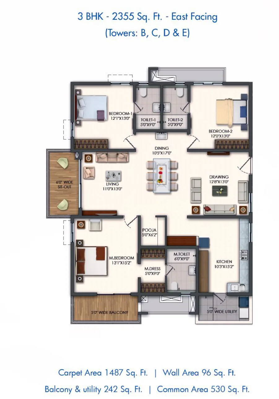 Rajapushpa Pristinia — 3 BHK — 2,355 sq.ft — East facing — floor plan