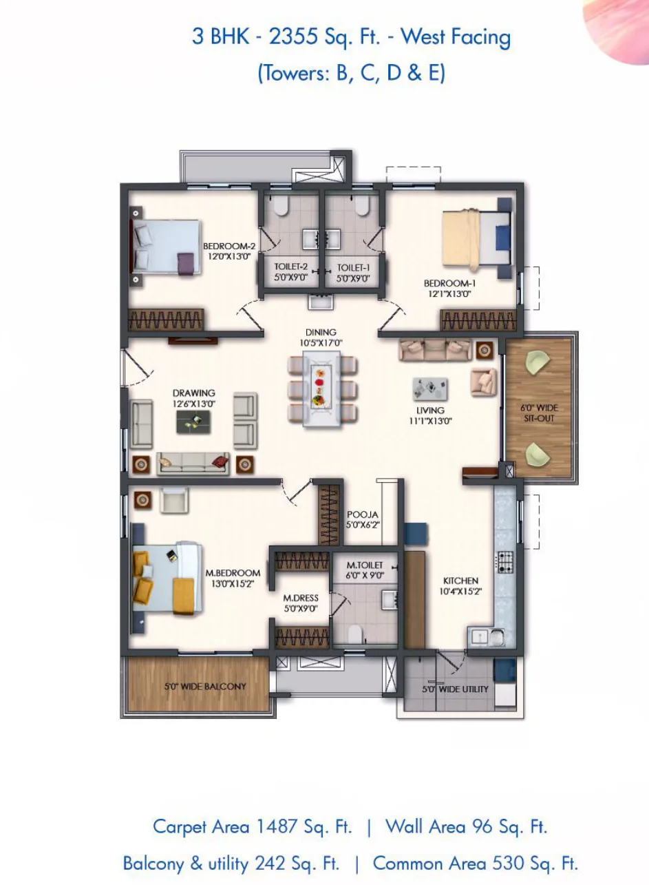 Rajapushpa Pristinia — 3 BHK — 2,355 sq.ft — West facing — floor plan