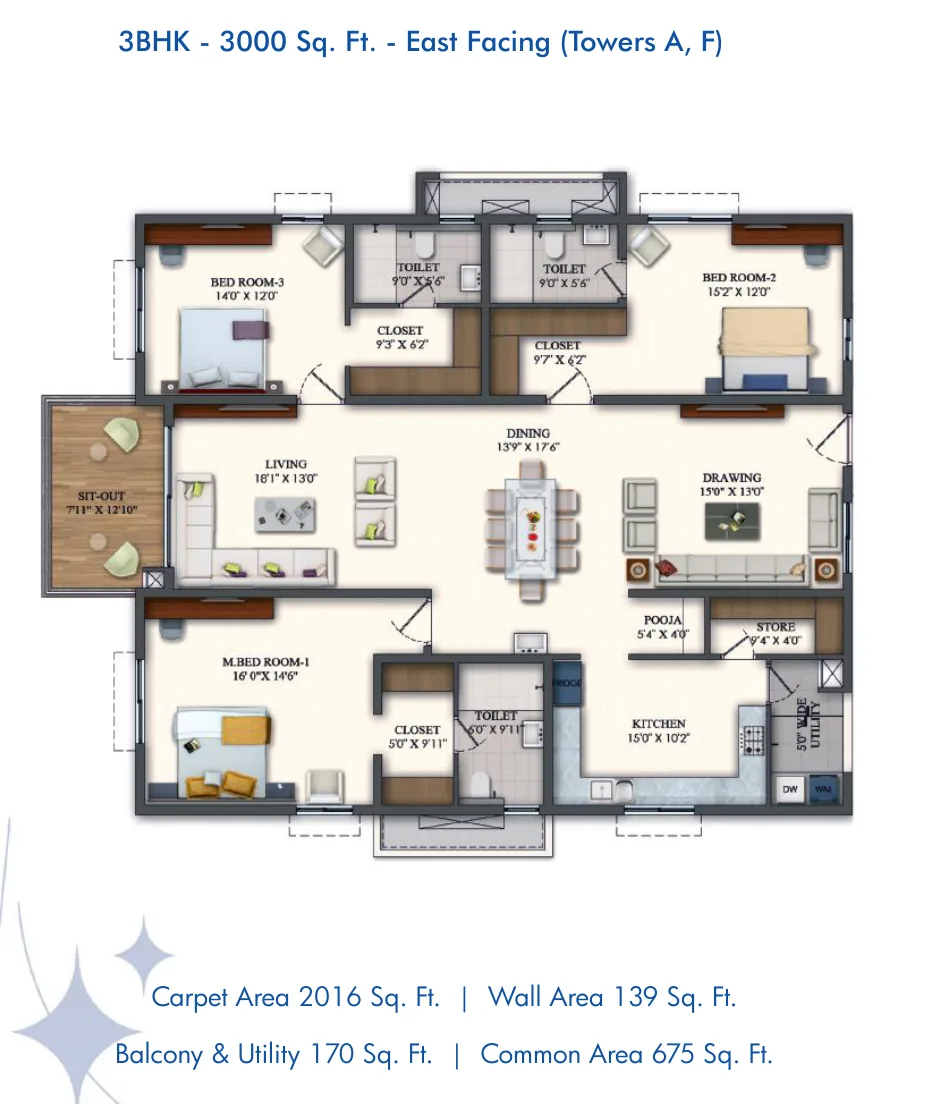 Rajapushpa Pristinia — 3 BHK — 3,000 sq.ft — East facing — floor plan