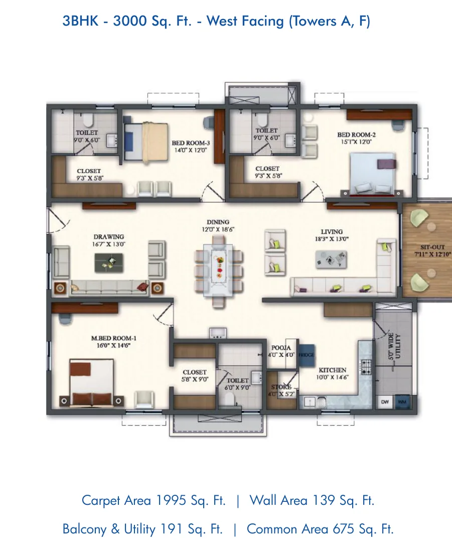 Rajapushpa Pristinia — 3 BHK — 3,000 sq.ft — West facing — floor plan