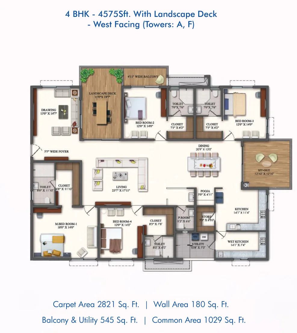 Rajapushpa Pristinia — 4 BHK — 4,575 sq.ft — West facing — floor plan
