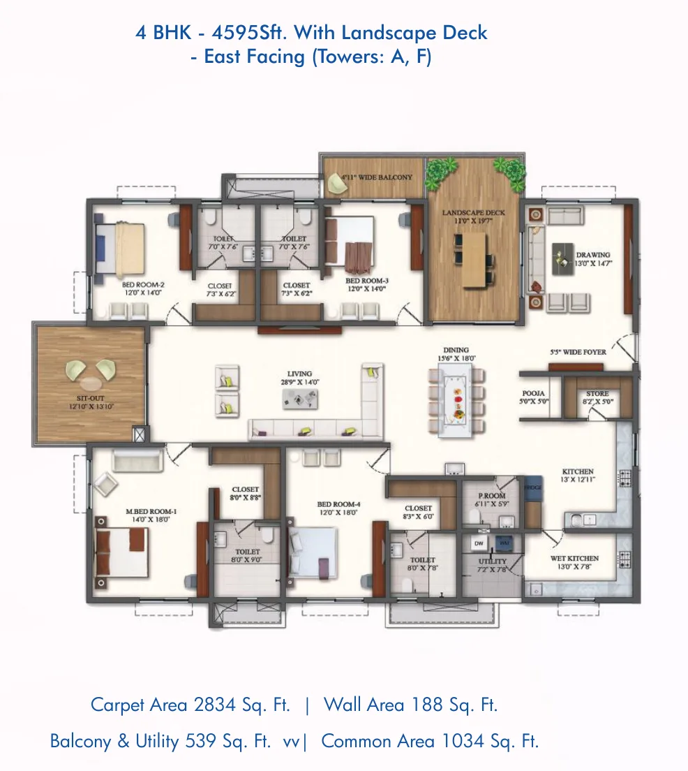 Rajapushpa Pristinia — 4 BHK — 4,595 sq.ft — East facing — floor plan
