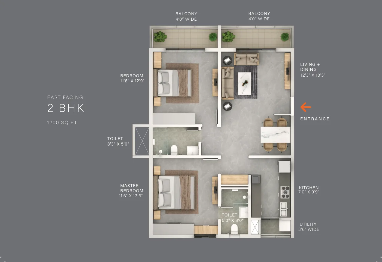 Terminus The Line — 2 BHK — 1,200 sq.ft — East facing — floor plan