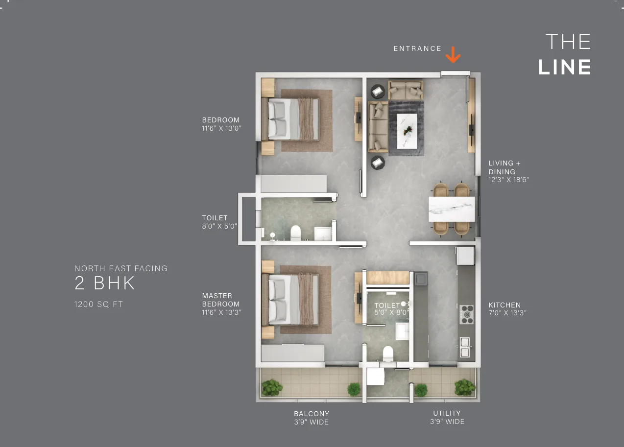 Terminus The Line — 2 BHK — 1,200 sq.ft — North-East facing — floor plan