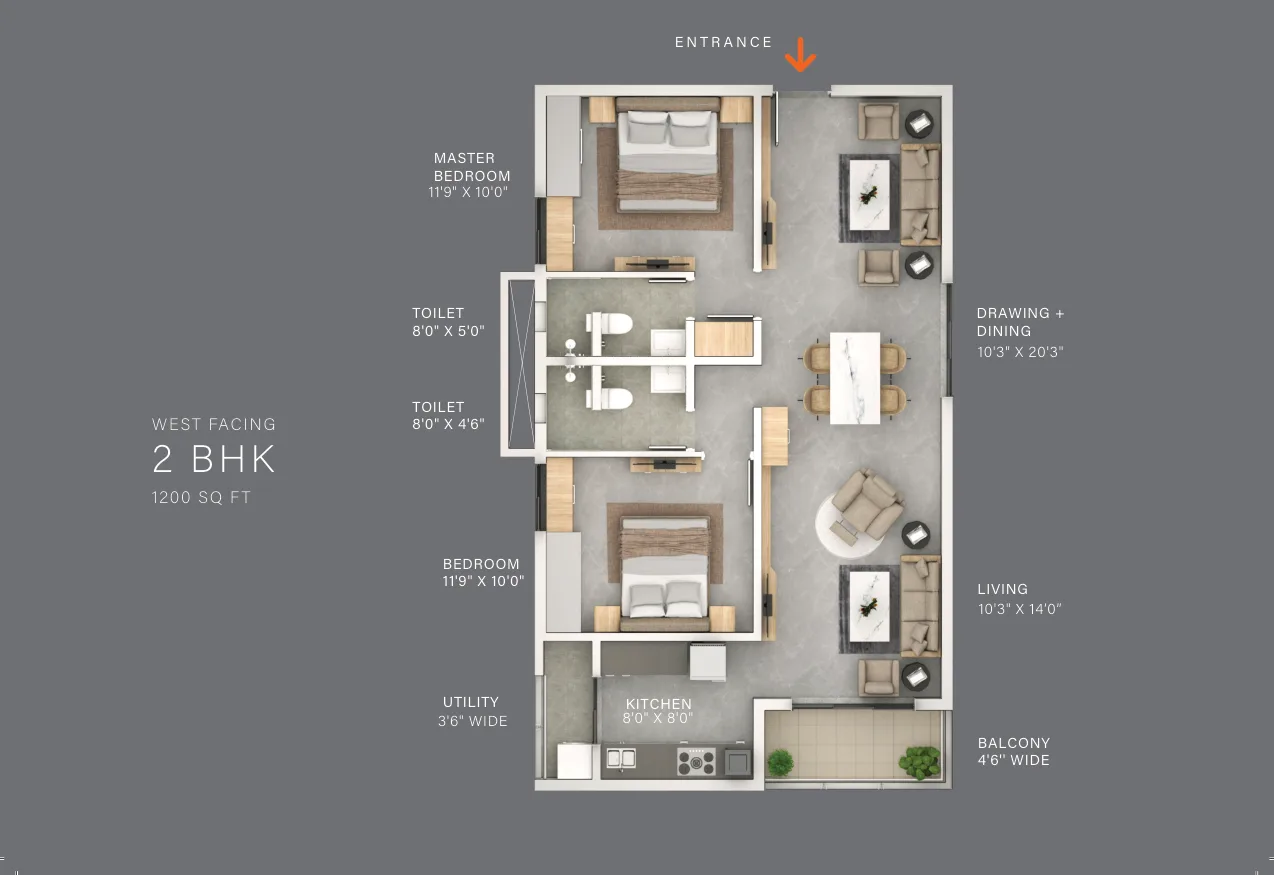 Terminus The Line — 2 BHK — 1,200 sq.ft — West facing — floor plan