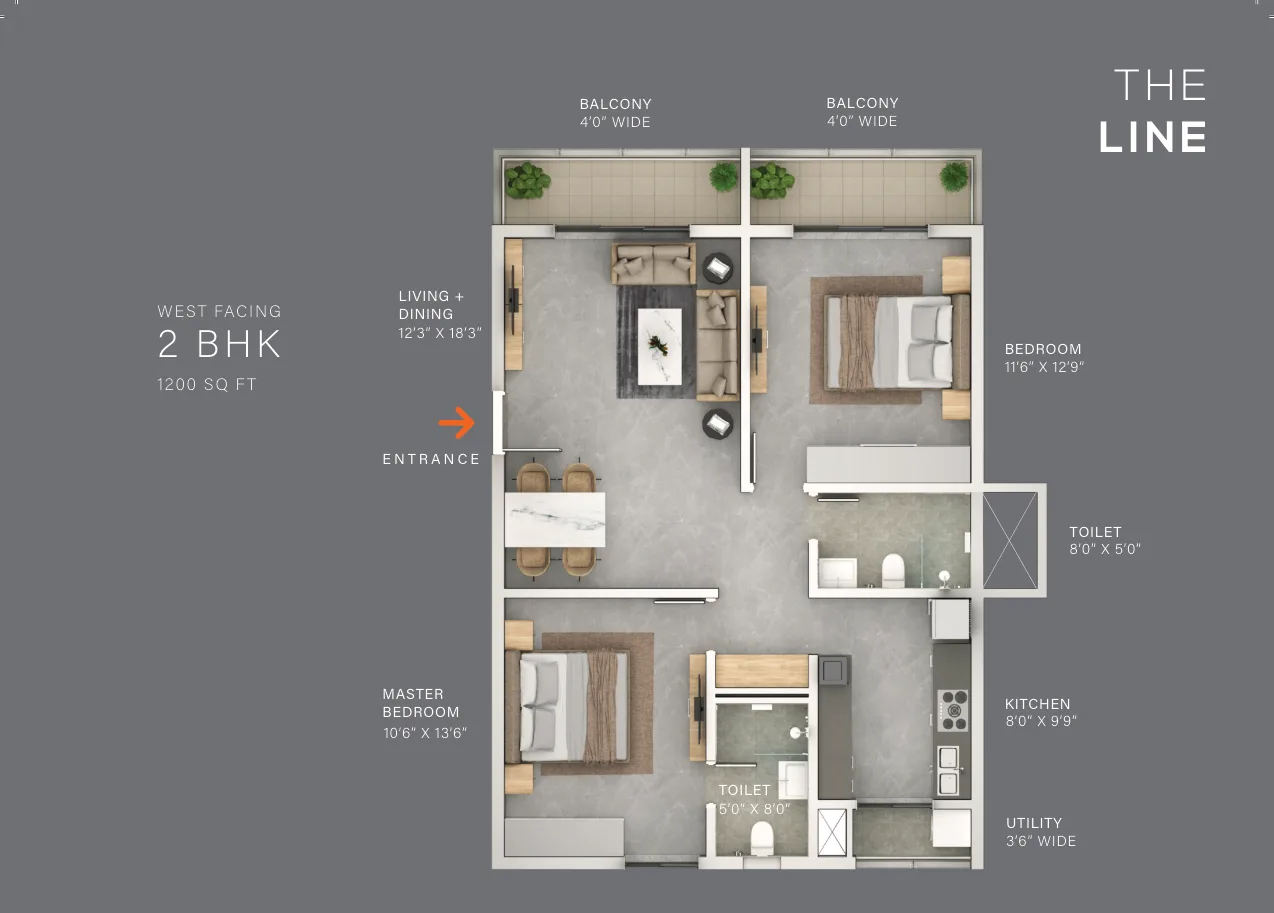 Terminus The Line — 2 BHK — 1,200 sq.ft — West facing — floor plan