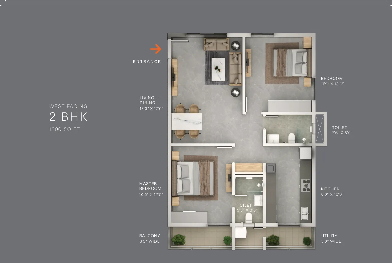 Terminus The Line — 2 BHK — 1,200 sq.ft — West facing — floor plan