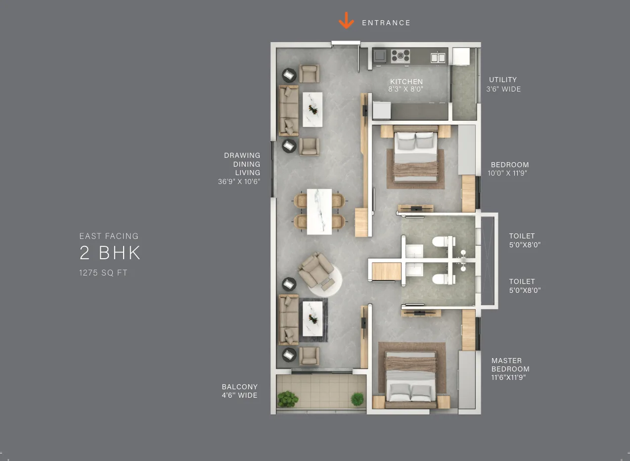 Terminus The Line — 2 BHK — 1,275 sq.ft — East facing — floor plan
