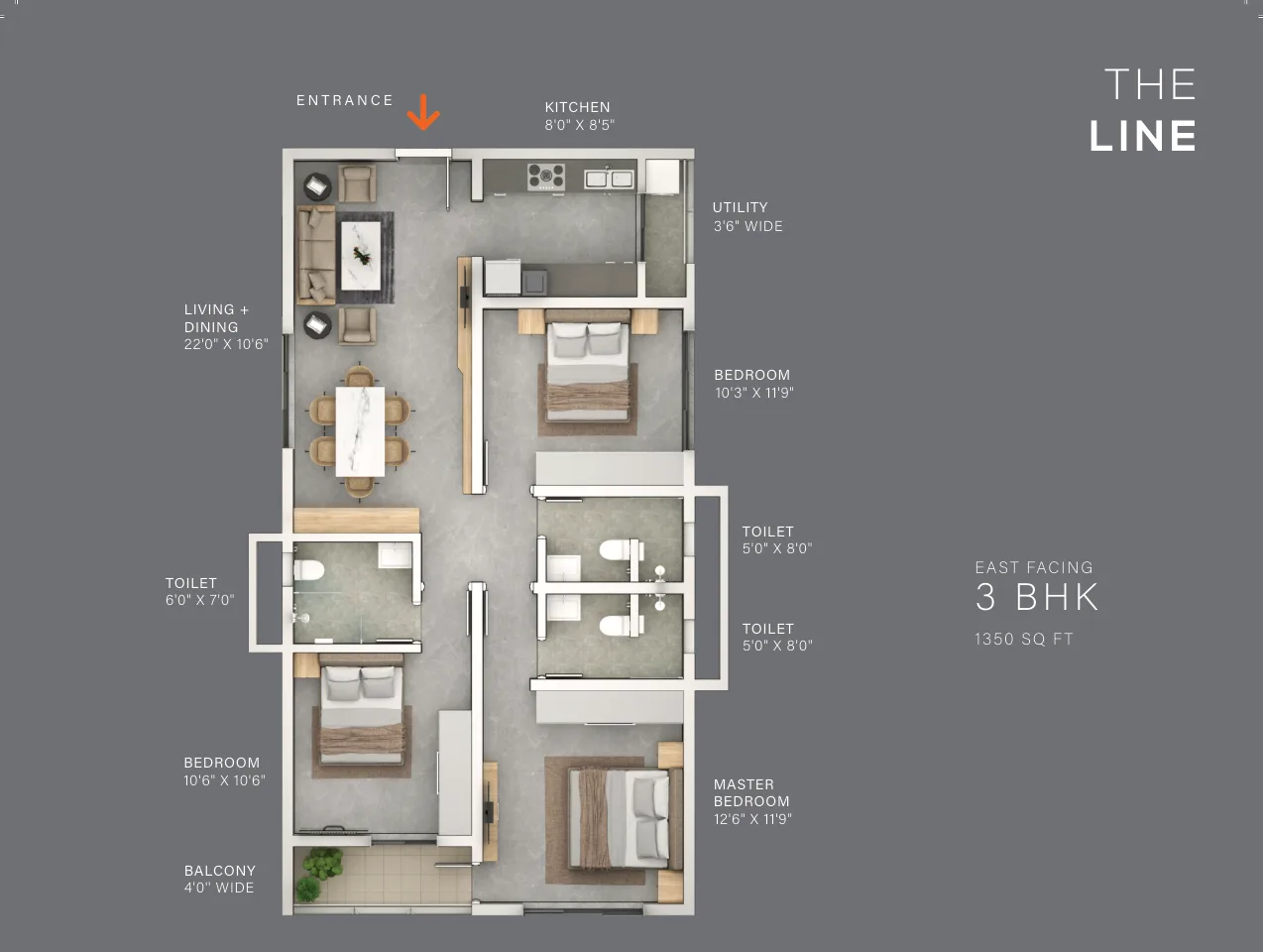 Terminus The Line — 3 BHK — 1,350 sq.ft — East facing — floor plan