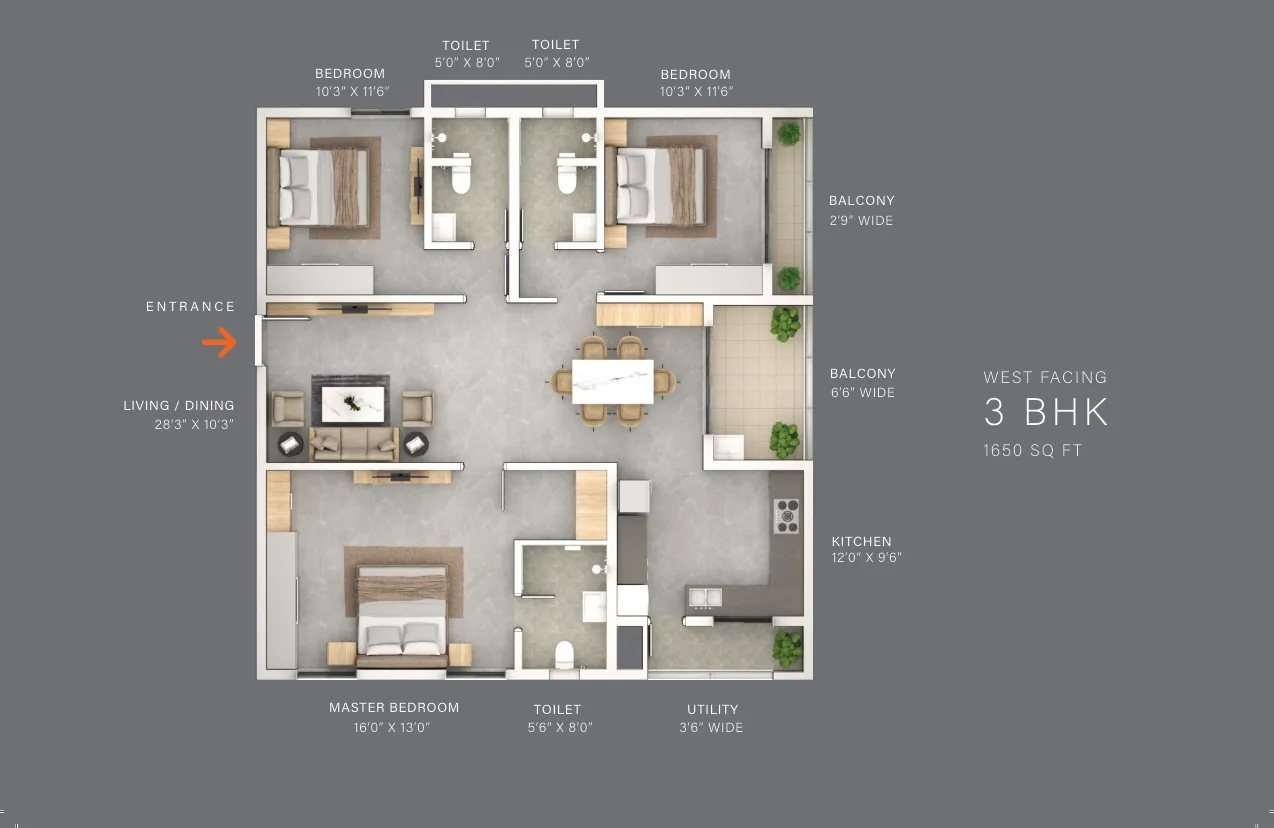 Terminus The Line — 3 BHK — 1,650 sq.ft — West facing — floor plan